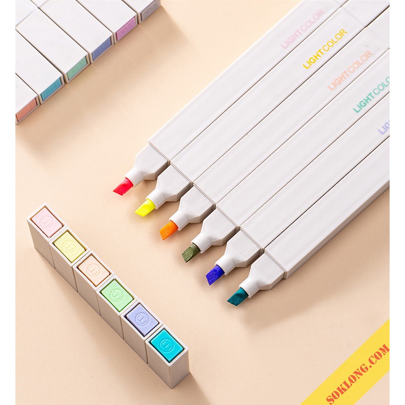 Bộ 12 bút highlight 2 đầu màu Pastel Light Color kèm sticker HI06, bút đánh dấu thân vuông ghi chú