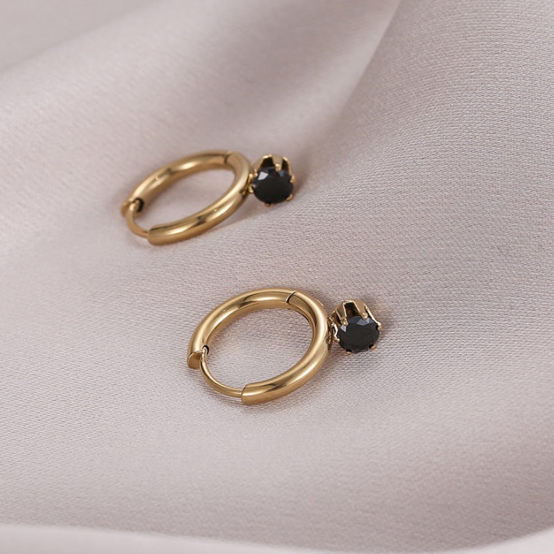 Bông Tai Nữ Khoen Tròn Đính 1 Viên Đá Nhân Tạo Titan Ko Đen TT 2866