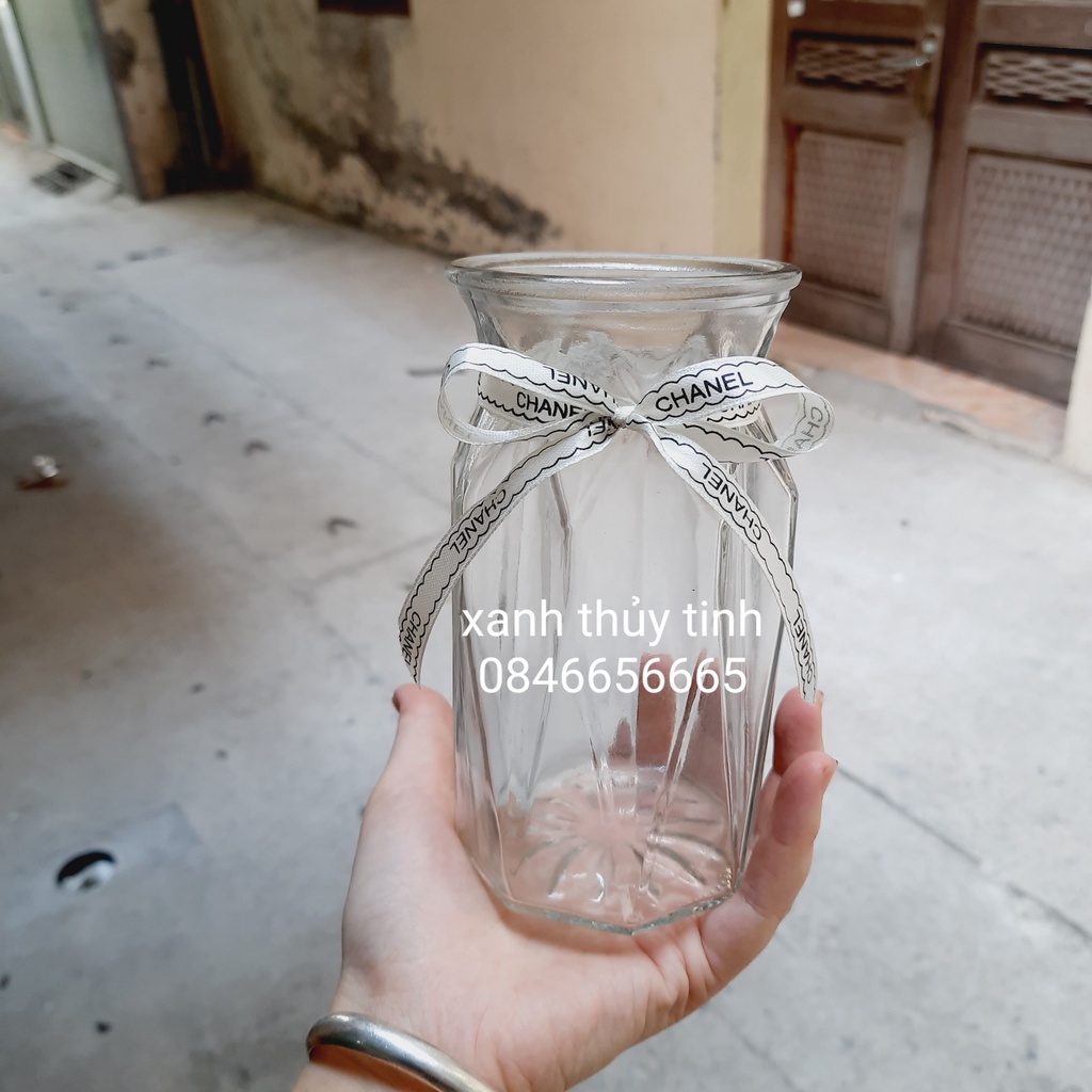 Lọ hoa thủy tinh đa giác, lọ nhỏ 15cm, màu trắng trong - phong cách vintage