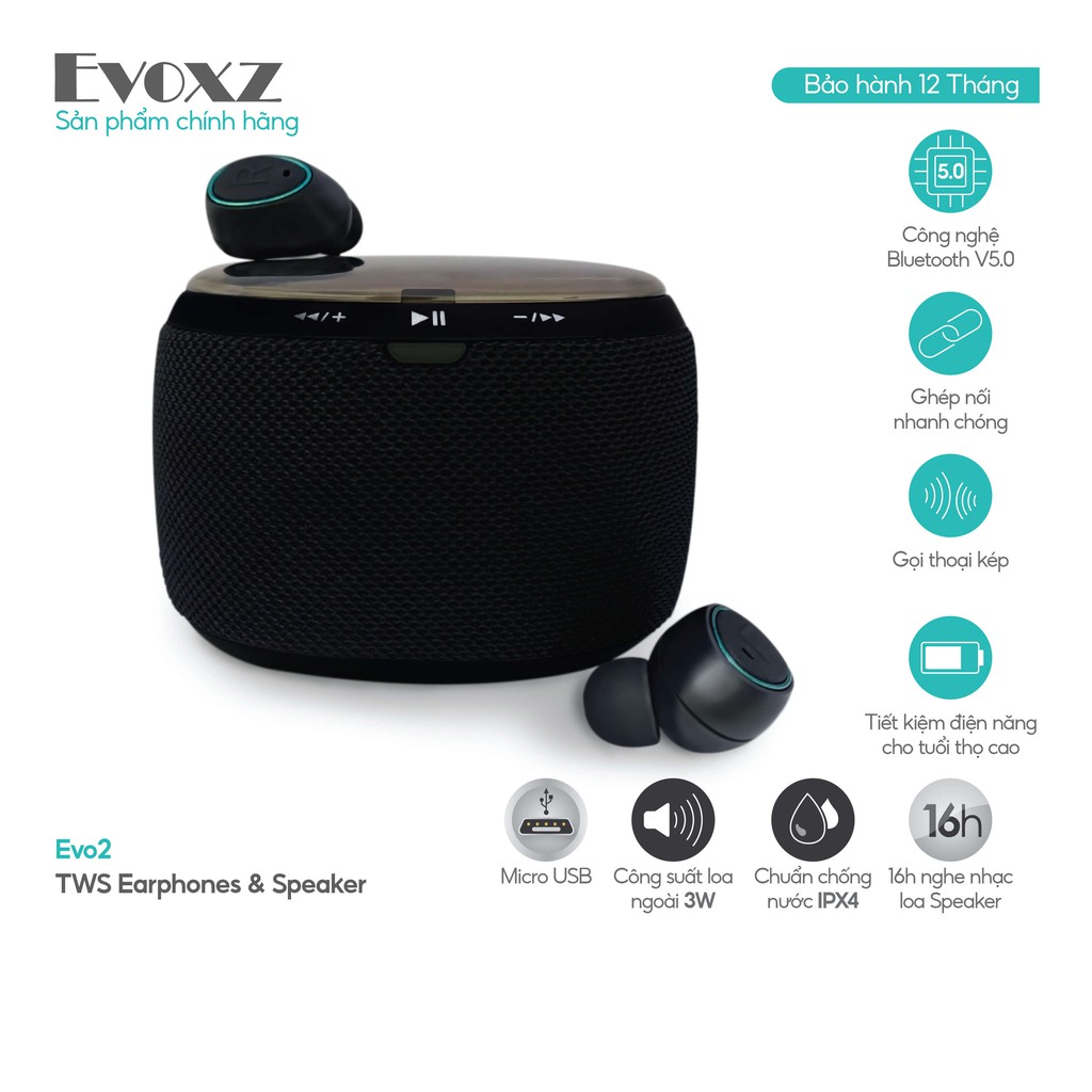 Tai nghe Bluetooth TWS Evoxz EVo2  - màu đen