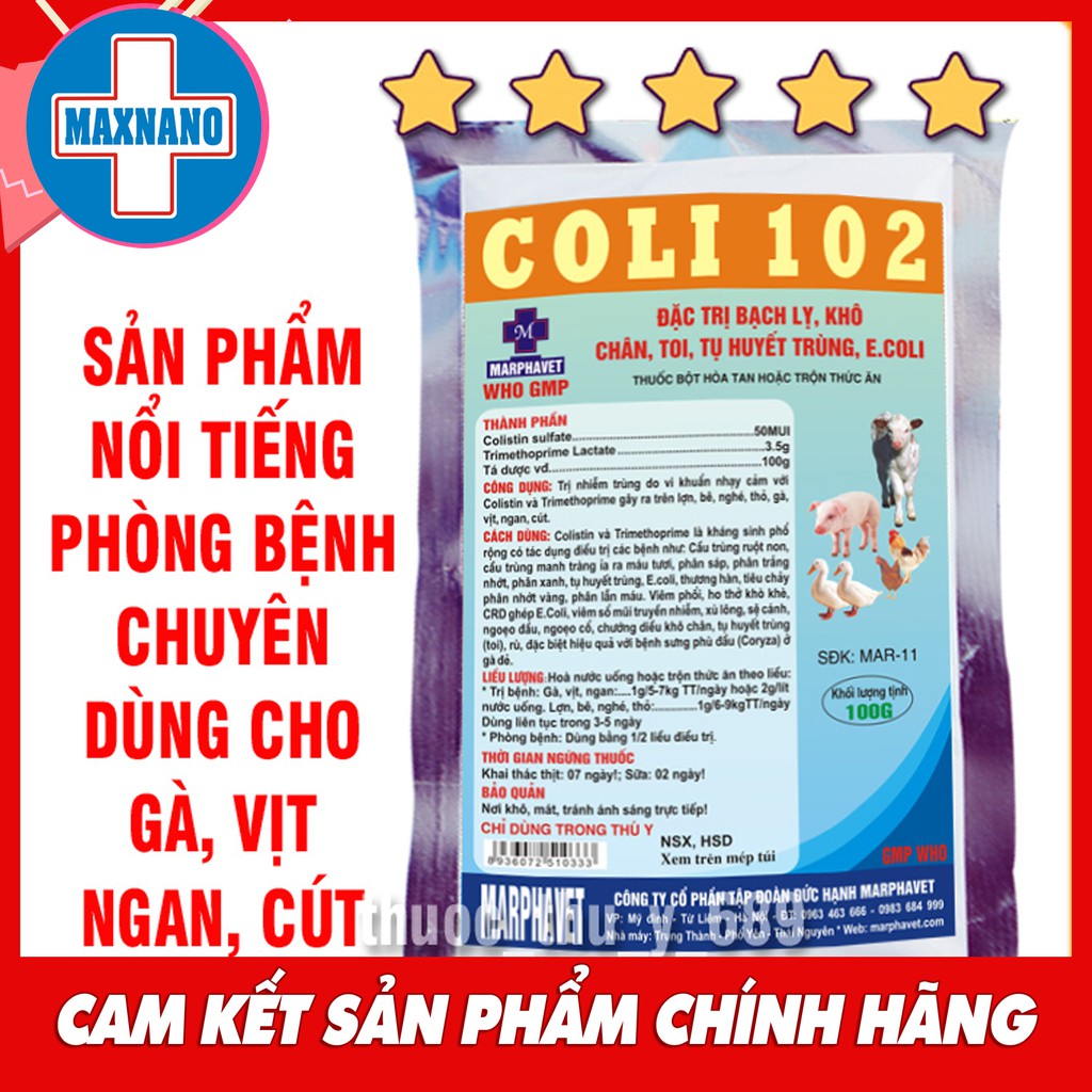 Gói 100g Coli102 chính hãng MARPHAVET sản phẩm NỔI TIẾNG hòa nước uống phòng bệnh đường tiêu hóa chó, mèo