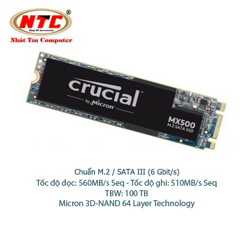 Ổ Cứng SSD M2 Crucial MX500 dung lượng 250GB Chuẩn giao tiếp SATA III 6Gbit/s (Đen)