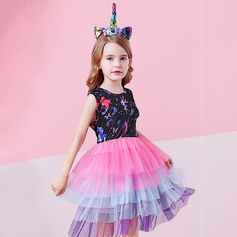 Đầm Bé Gái Từ 4-8 Tuổi Tay Ngắn In Hình Nàng Tiên Cá Nhiều Màu Dễ Thương