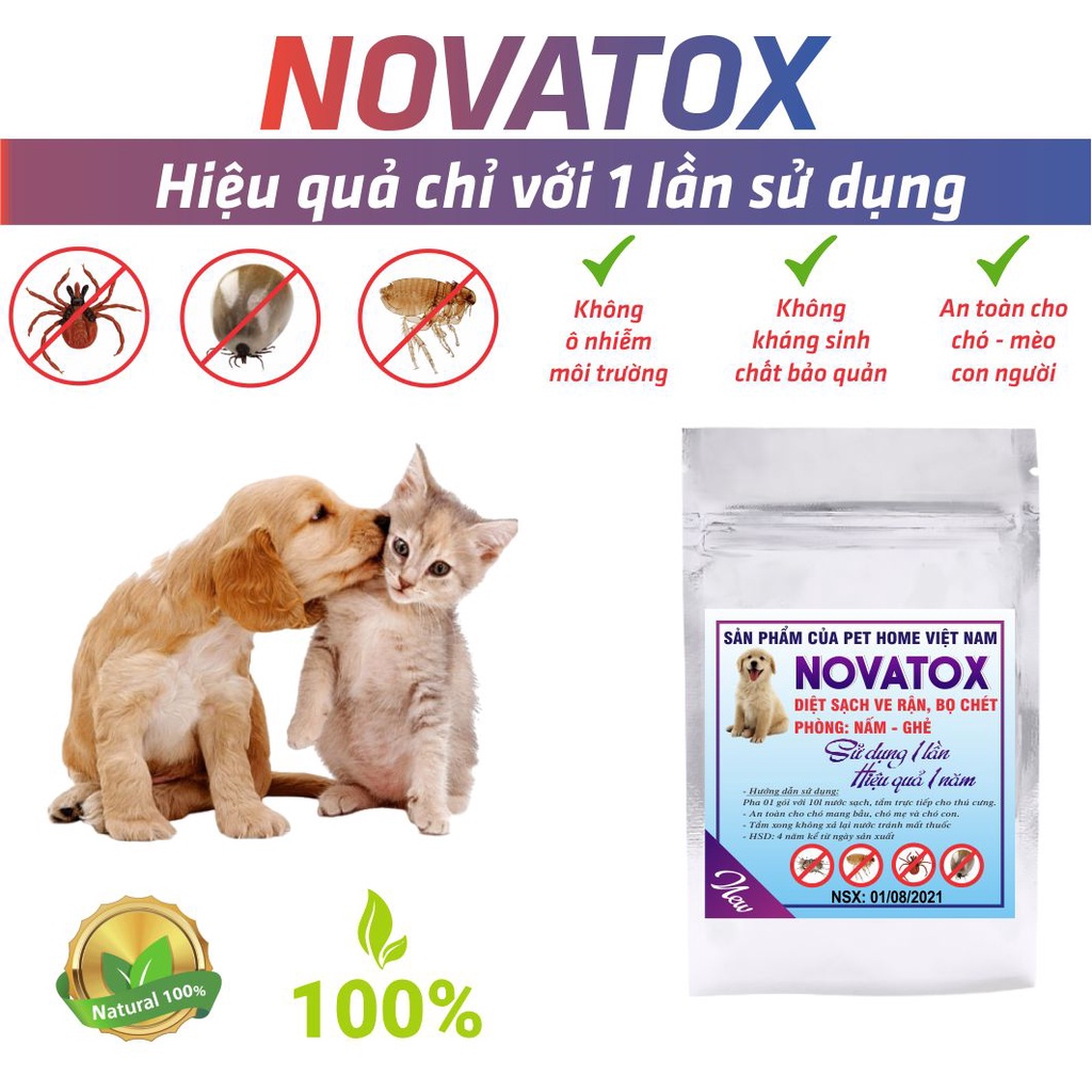 Thuốc diệt ve rận, bọ chét chó mèo NOVATOX, gói tắm diệt sạch 100% sau 1 lần sử dụng - an toàn cho thú cưng
