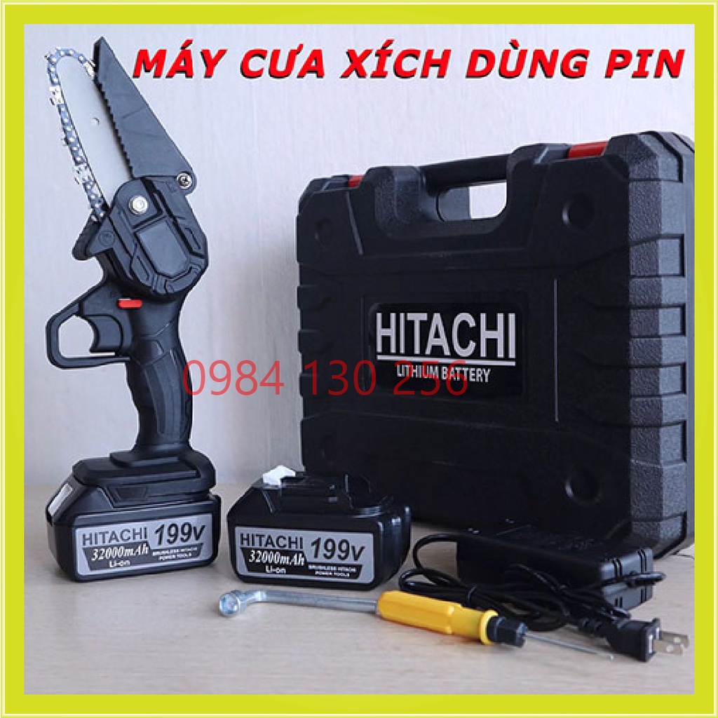Máy cưa xích dùng pin cầm tay Hitachi 199V- Máy cưa xích Hitachi- Cưa xích chạy pin- Pin 10 cell - Lõi đồng