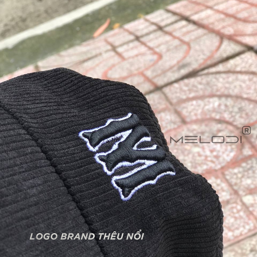 Nón bucket nhung gân vành cụp thêu logo brand Melodi , mũ bucket nhung thêu chữ M
