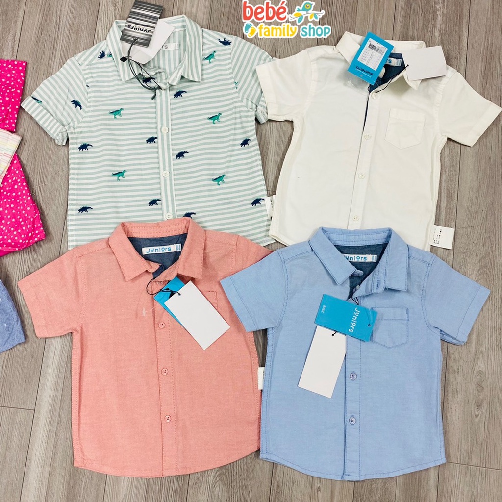 Áo sơ mi cộc tay bé trai sơ sinh đến 1 tuổi form slimfit / Áo sơ mi bé trai trơn trắng, xanh, hồng Junior xuất dư - ATJ