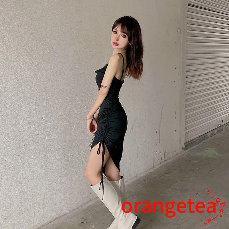 ORT-Women´s Slip Dress, Solid Color Sleeveless Drawstring Tie-Up Irregular Hem Backless Slim Dress
