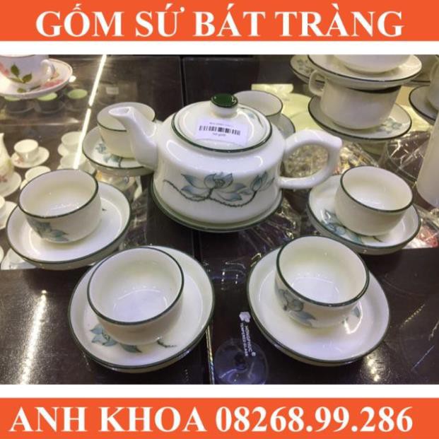 Bộ ấm chén vẽ hoa sen xanh kẻ chỉ Bát Tràng - Gốm sứ Bát Tràng Anh Khoa