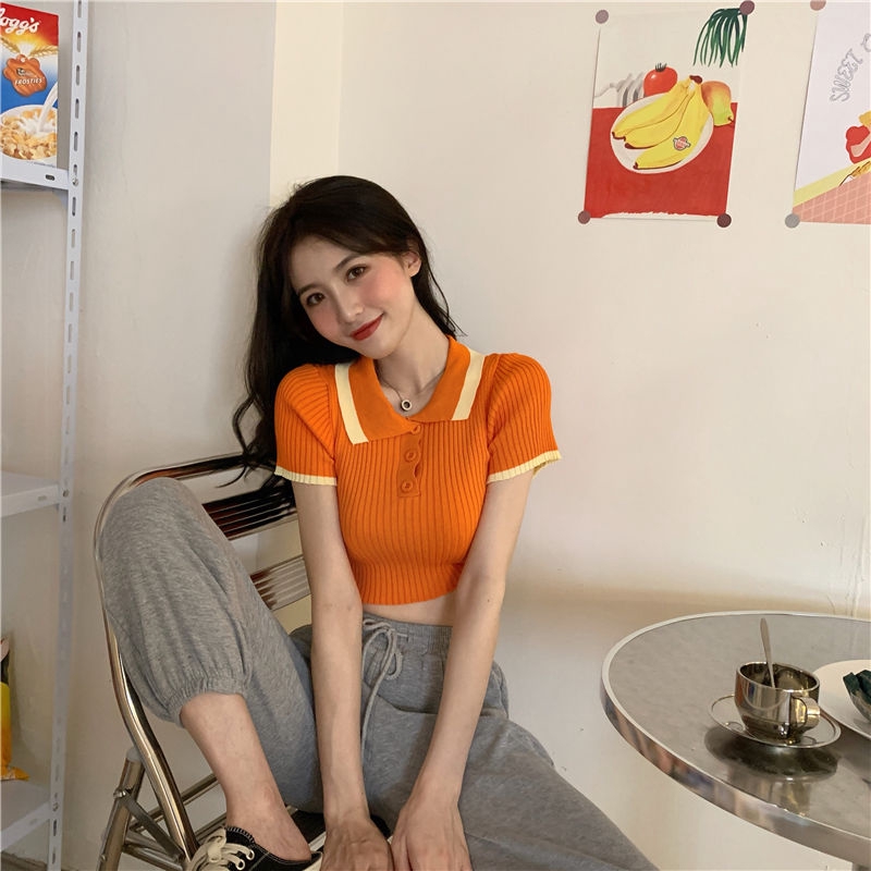 Áo Thun Croptop Dệt Kim Mỏng Tay Ngắn Cổ Polo Màu Sắc Tương Phản Đơn Giản Trẻ Trung | BigBuy360 - bigbuy360.vn