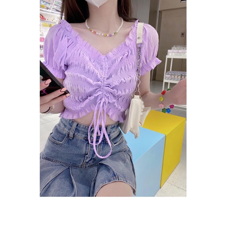 Áo Croptop Trễ Vai Dây Dút Bánh Bèo Dễ Thương A2751