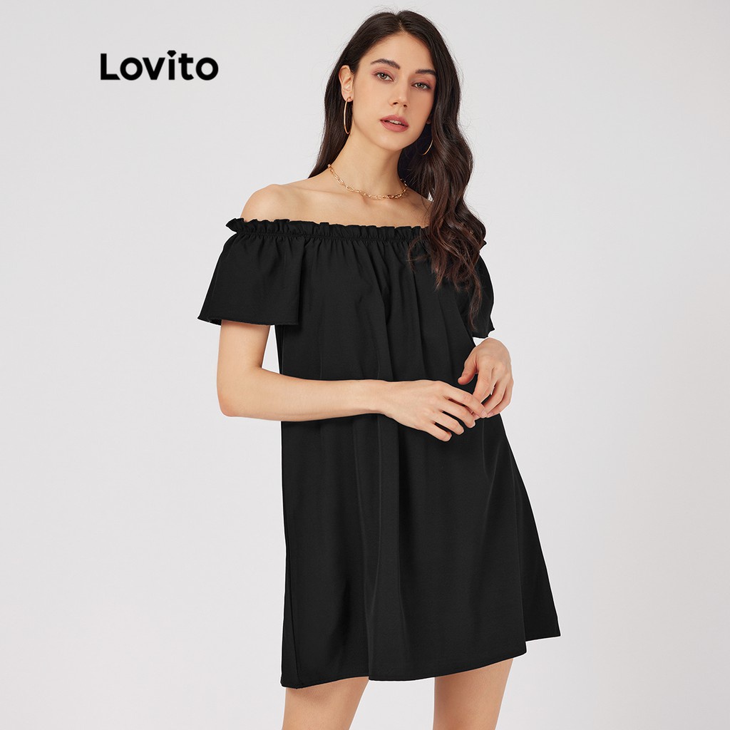 Đầm Lovito xếp nếp trễ vai màu trơn thường ngày L23LD058 (màu đen)