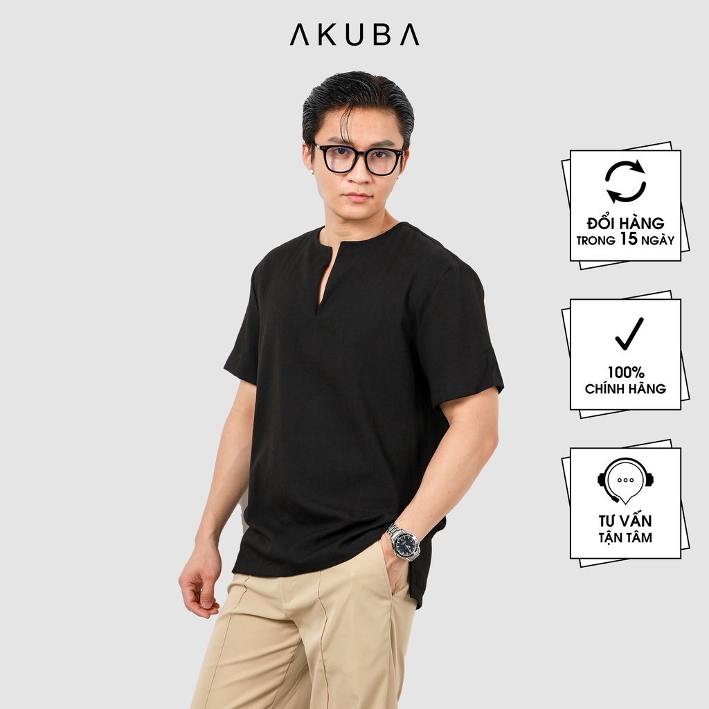 Áo linen nam tay ngắn trơn AKUBA form regular, vải linen nhẹ, thấm hút cực tốt, co giãn tốt thoáng mát 02B0288