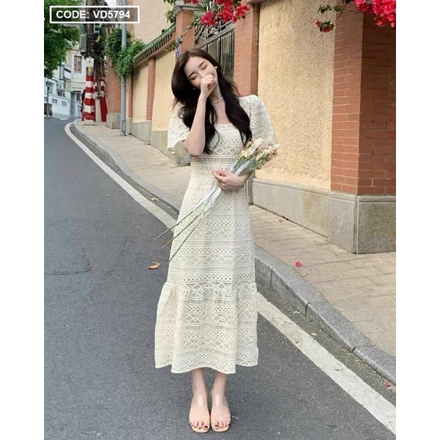 Đầm Maxi trắng xô ren cổ vuông Hàng cao cấp