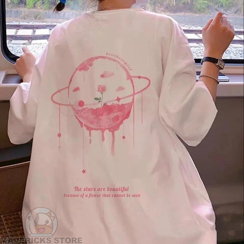 Áo Thun Cotton Tay Ngắn Dáng Rộng In Hình Hành Tinh Màu Hồng Thời Trang Mùa Hè Cho Nữ