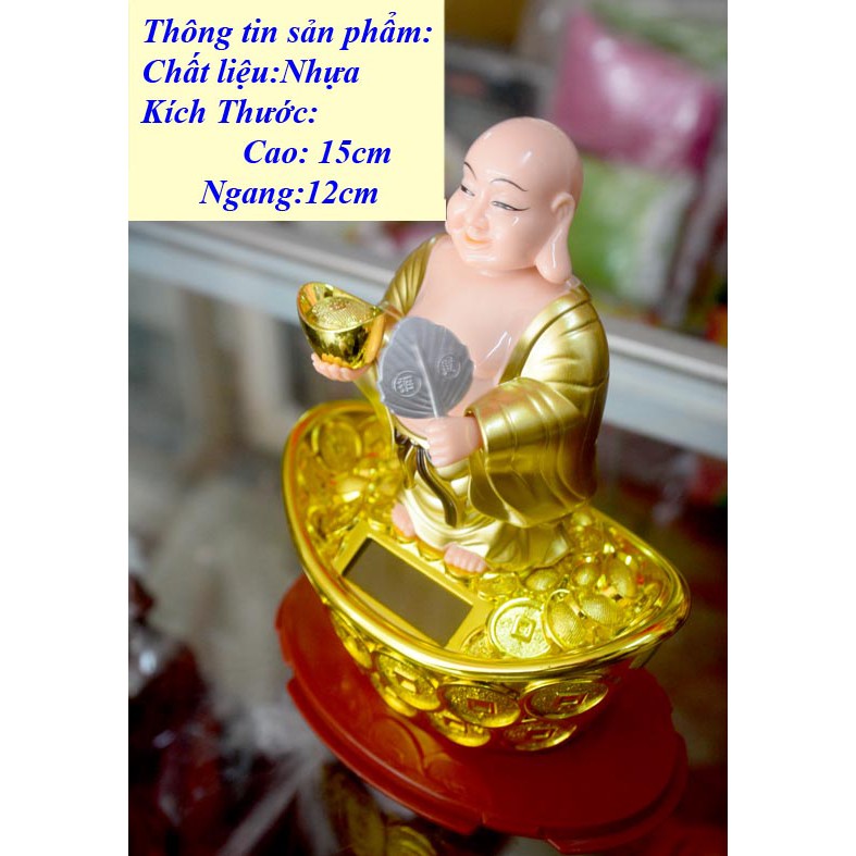 Di Lặc đứng thỏi vàng vẫy quạt gật đầu năng lượng mặt trời cao 15cm