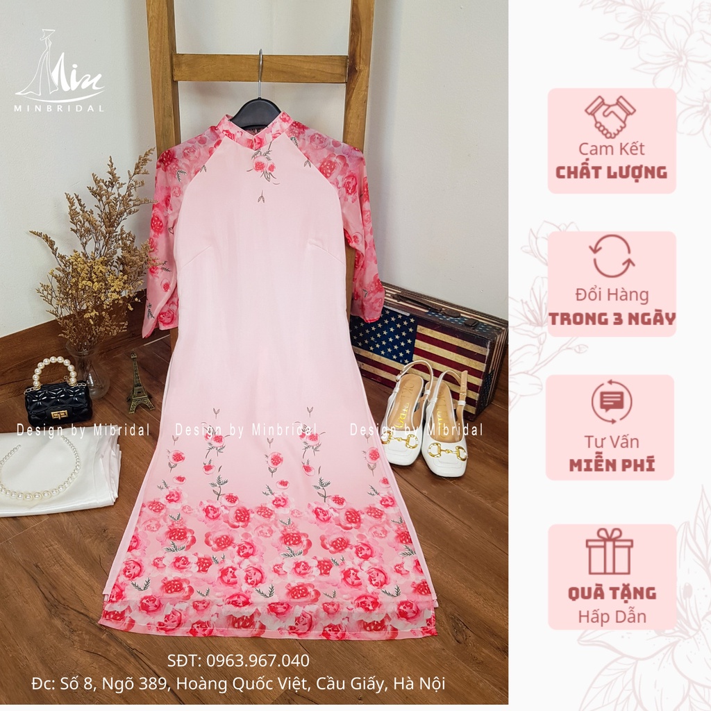 Áo dài cách tân 4 tà vải voan tơ óng màu hông