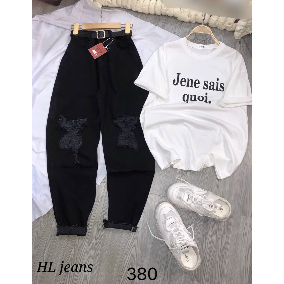 QUẦN BAGGY JEANS NỮ LƯNG CAO RÁCH MẢNG VUÔNG 2 GỐI MÀU ĐEN LAI CUỐN FORM TÔN DÁNG VẢI DÀY DẶN CAO CẤP NITIQC