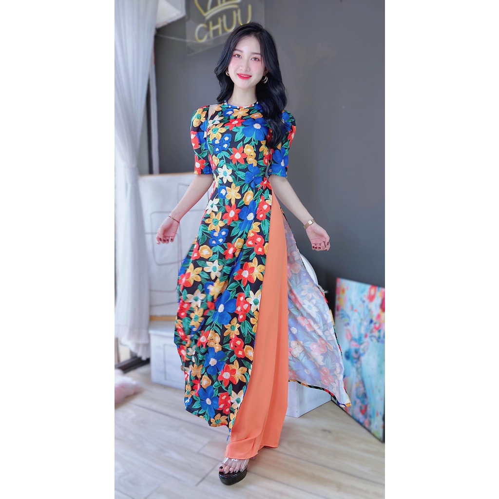 Áo dài cách tân nữ pha lưới tay bồng cổ đính ngọc sang trọng CHUU AD8033 không kèm quần