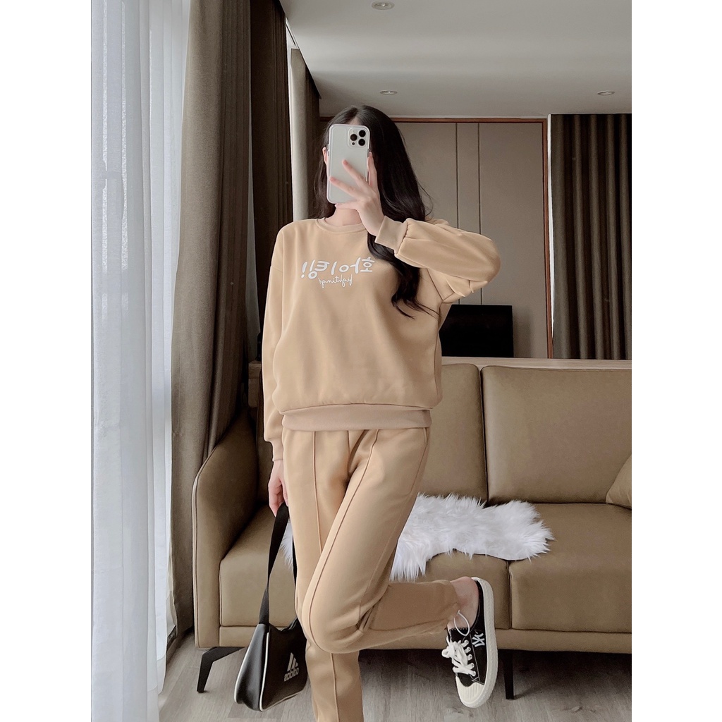 Bộ nỉ nữ thu đông chất nỉ bông siêu ấm, set đồ nữ in chữ hàn quốc trẻ trung CS010