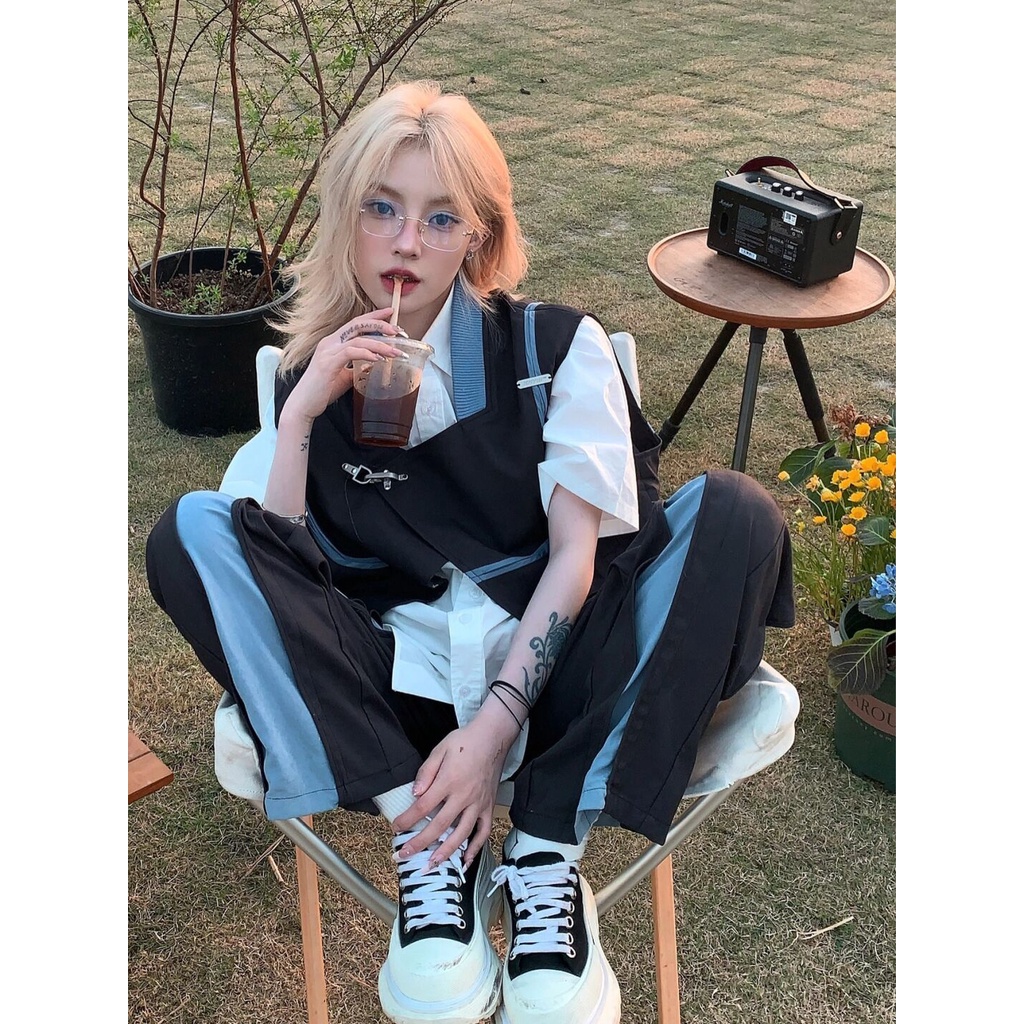 Three-piece suit/single Japanese style aircraft buckle vest short-sleeved shirt stitching casual pants summer suit women's eBtF