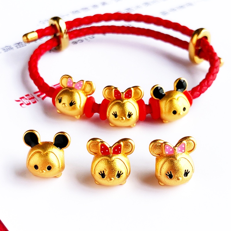 Vòng Tay Chuỗi Hạt Màu Đỏ Mạ Vàng Hình Chuột Mickey Xiaomi Ninnie diy