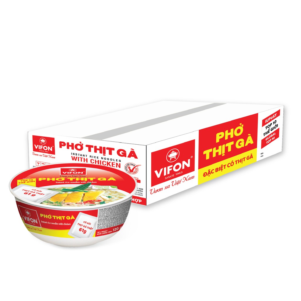 Thùng 12 Tô Phở Thịt Gà Có Thịt Thật VIFON 120g/Tô