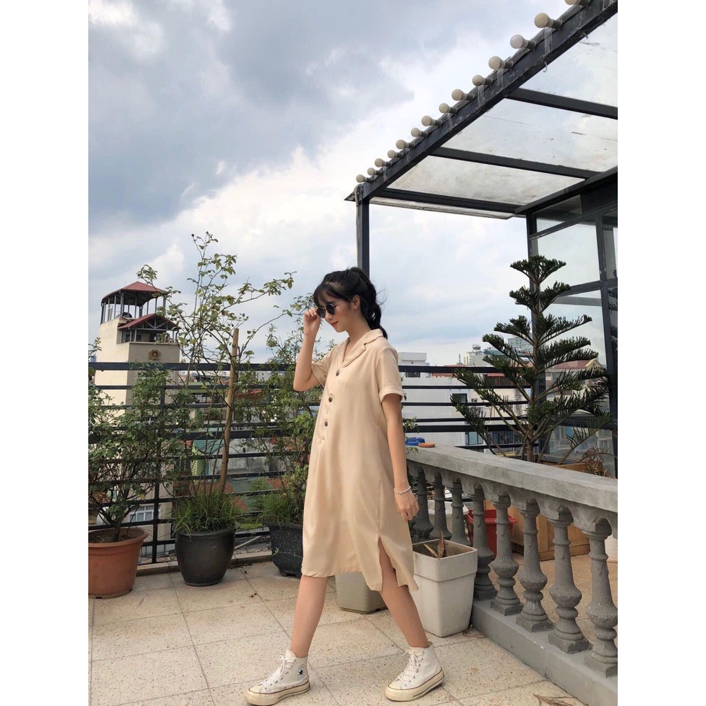 VÁY CỔ VEST XẺ VẠT DÁNG SUÔNG 4 MÀU - ĐẦM ĐŨI THỤNG CỔ VEST SƠ MI BE NÂU ĐEN TRẮNG HOT | BigBuy360 - bigbuy360.vn