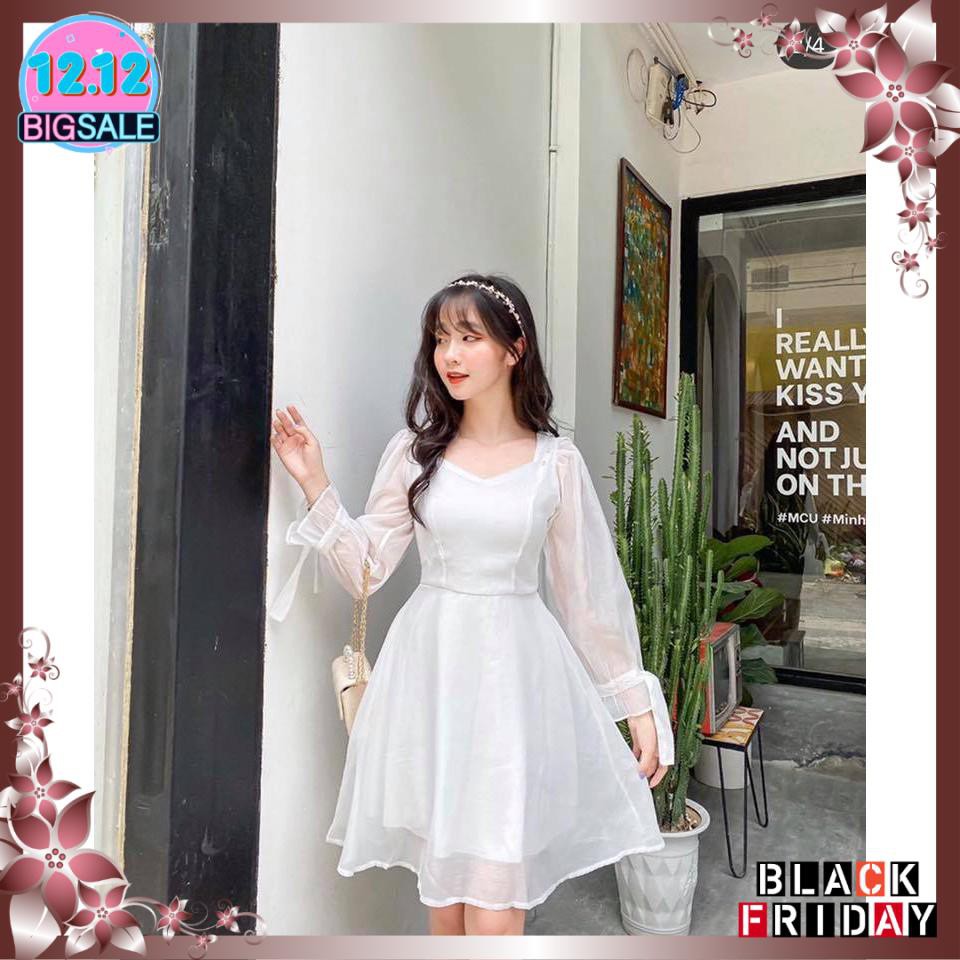 Đầm trắng dáng xòe cổ vuông phối nút bọc tay nơ [KÈM ẢNH THẬT] | BigBuy360 - bigbuy360.vn