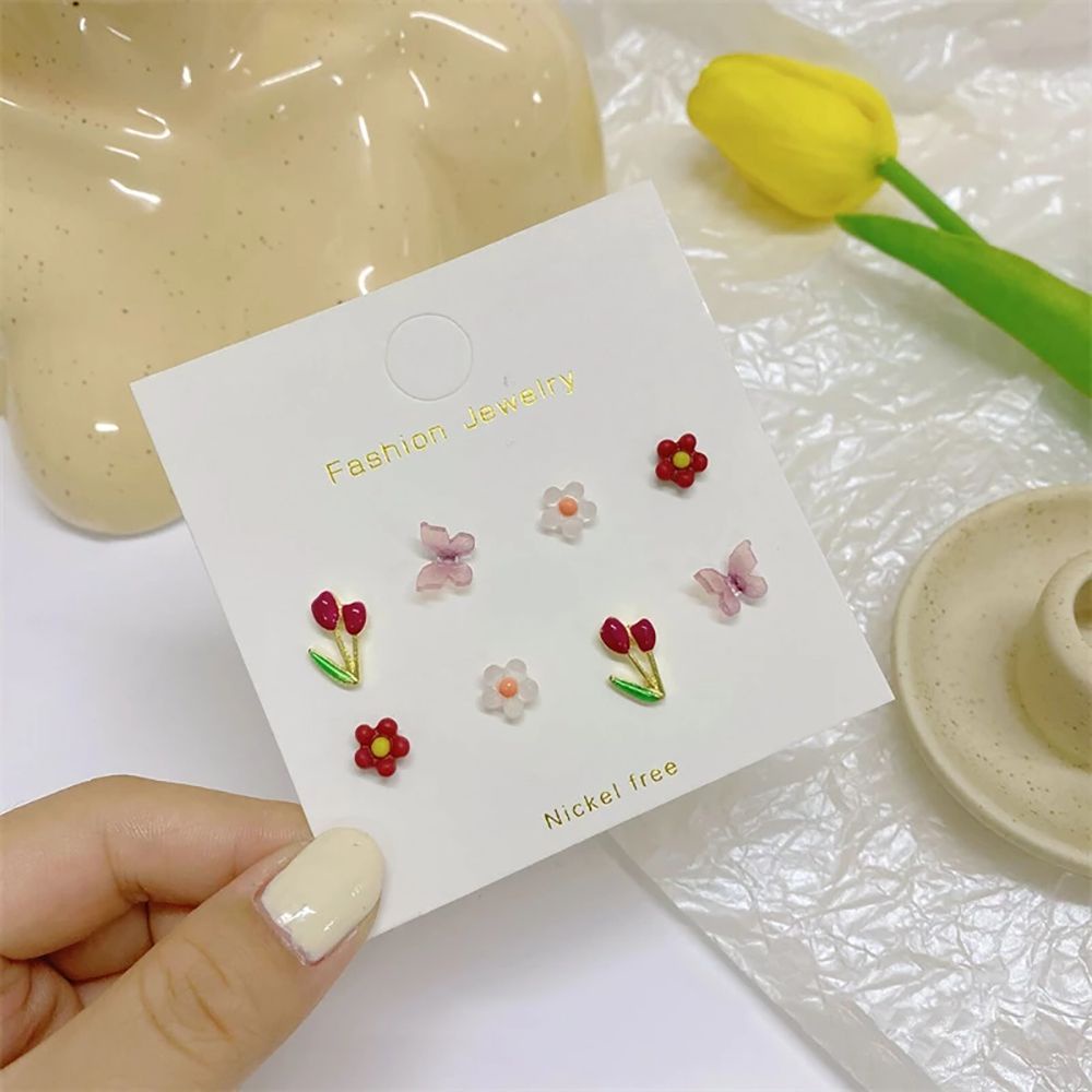 Bộ 4 Đôi Khuyên Tai Hoa Tulip Nhiều Màu Sắc Bằng Hợp Kim Thời Trang Dành Cho Nữ
