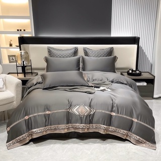 Set chăn ga gối lụa tencel thêu cao cấp “ga trần bông”