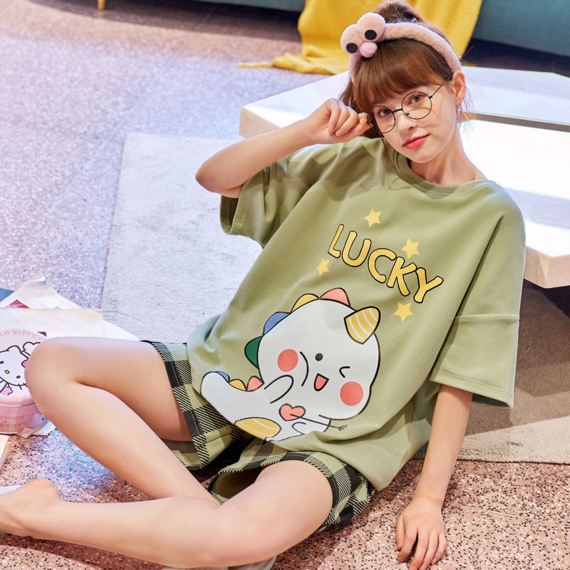 Bộ đồ ngủ tay ngắn in họa tiết hoạt hình phong cách Hàn Quốc thời trang mùa hè cho nữ