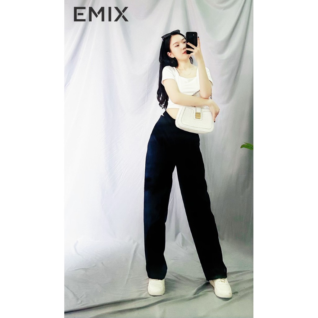 Quần tây nữ ống sớ kiểu mới cạp dây EMIX (2 màu), dáng dài, form rộng, cạp cao, vải tuyết mưa, mềm mịn, không bai xù