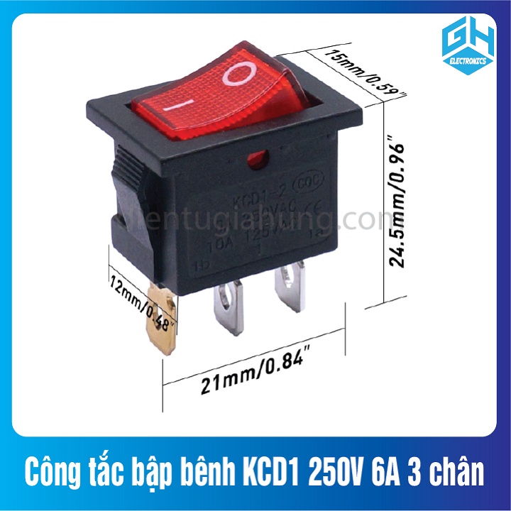 Công tắc bập bênh KCD1 250V 6A 3 chân các loại có đèn và không đèn