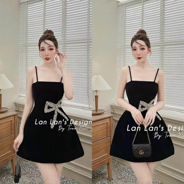 Đầm dự tiệc hàn quốc cá tính, đầm chữ A sexy với thiết kế 2 dây cực cuốn, phối nơ eo tôn dáng chuẩn - đẹp