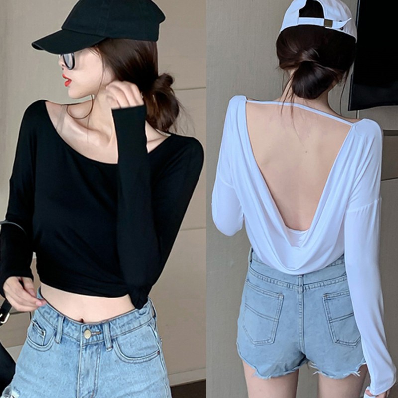 Áo Thun Hở Lưng Tay Dài Cổ Tròn Màu Trơn Cho Nữ