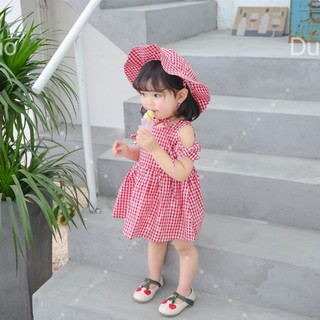 Combo váy caro hở vai + mũ