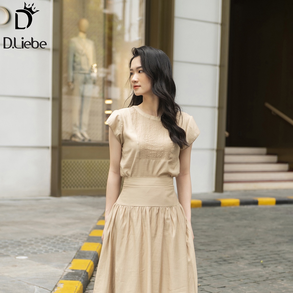 Set áo xếp ly ngực phối chân váy dáng dài, set áo sơ mi cổ tròn mix chân váy xếp ly màu be Dliebe - S007