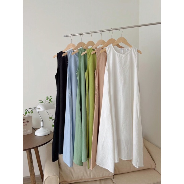 Váy sát nách dáng xoè đũi xước Pea Store - Váy maxi đũi đi biển dáng xoè xinh xắn