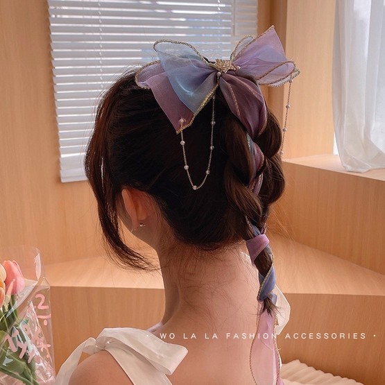 Kẹp tóc hình nơ vải lưới phối dây ruy băng kiểu Nhật Bản Hàn Quốc thời trang mùa hè cho nữ