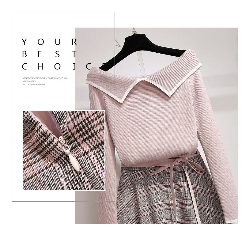 (Hàng sẵn) Sét váy thiết kế kết hợp áo len dệt kim và chân váy carô có lơ xinh hàng HOT mùa thu 2020