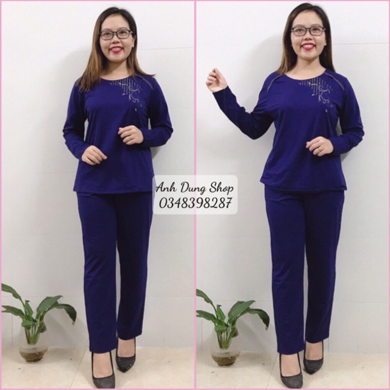 Bộ Dài Tay Thu Đông Chất Cotton Trung Niên- Bộ Mặc Nhà Thu Đông cho Mẹ cho Bà thêu hoa dây chuyền