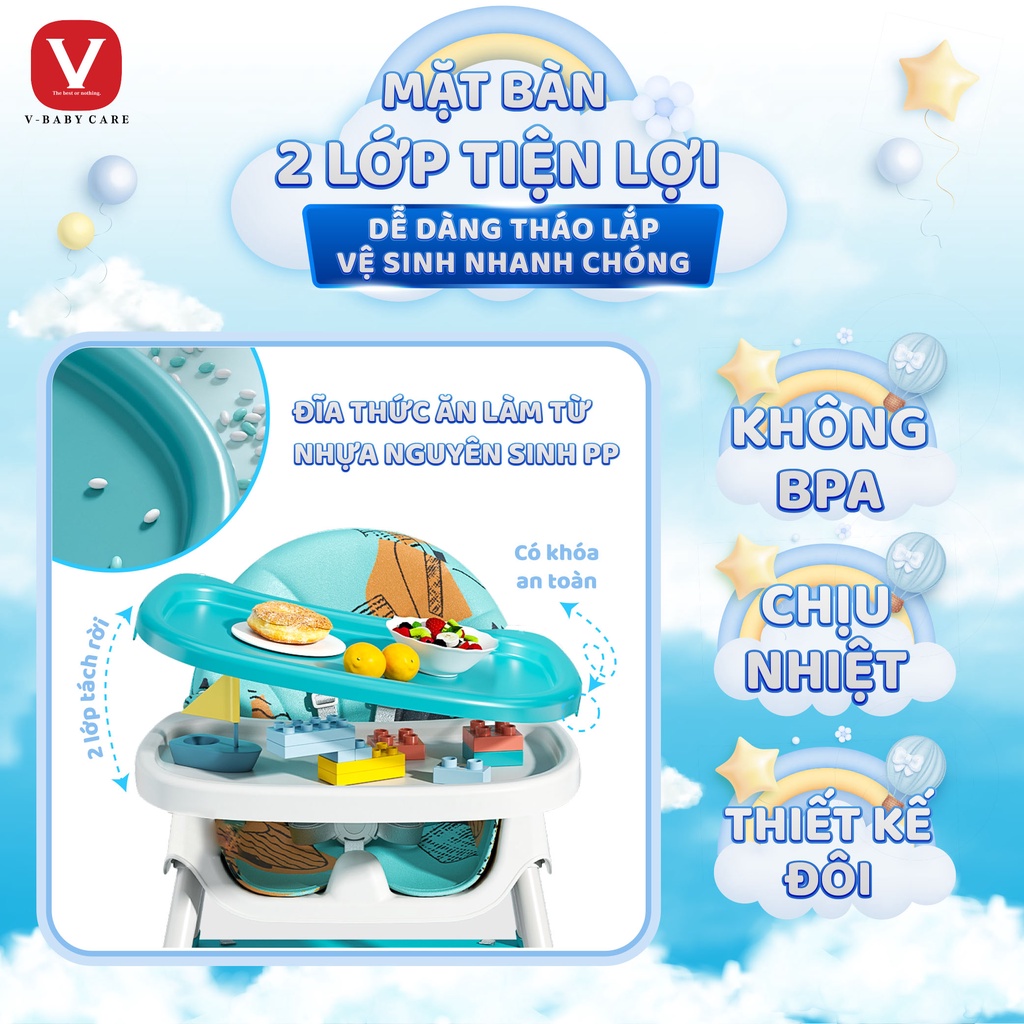 Ghế Ăn Dặm Cao Cấp V-Baby 909 Có Bánh Xe Gập Gọn Nằm Được Và V-Baby G01