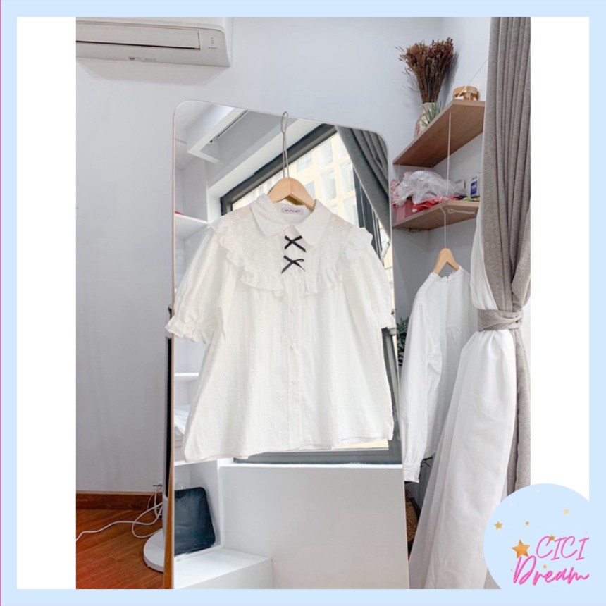 Áo sơ mi nữ trắng dài tay đính nơ cổ đứng babydoll bo chun, Áo sơ mi nữ trắng dài tay bồng cổ buộc nơ siêu xinh