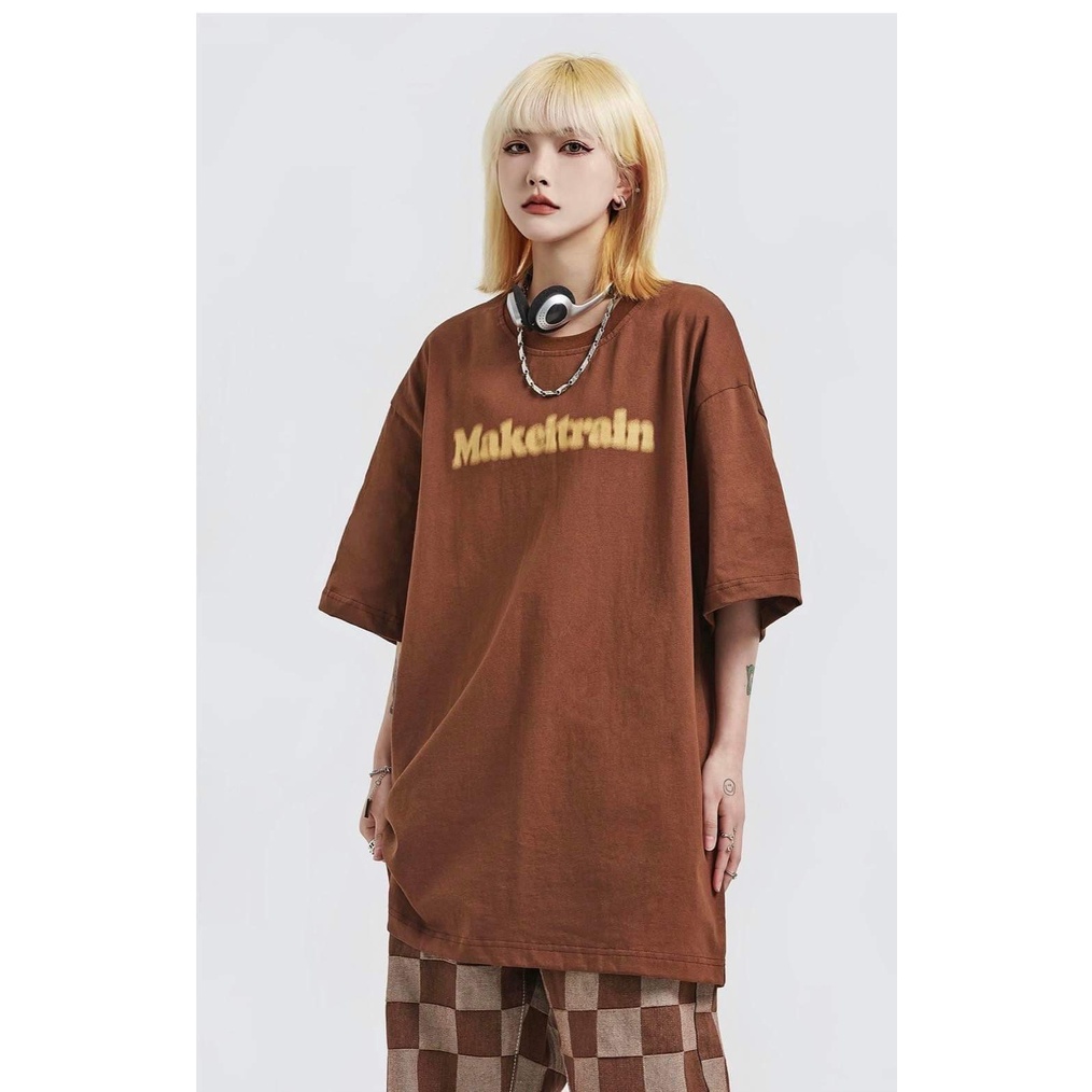 Set Đồ bộ nữ Áo Thun Dáng rộng In chữ MaKeiTrain Kèm Quần Caro Dáng Suông