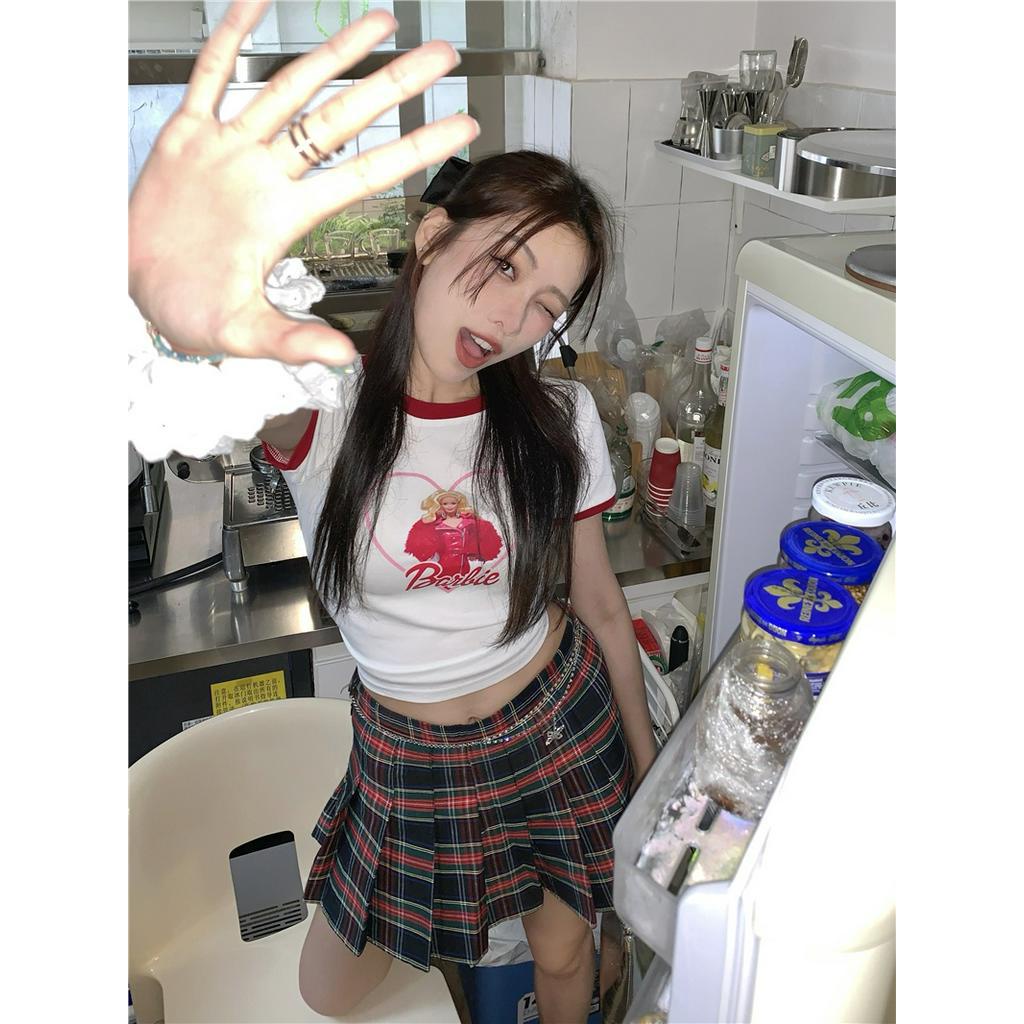 Áo Thun Mùa Hè 62571 Dáng Ngắn In Họa Tiết Màu Sắc Tương Phản Phong Cách Mỹ Cổ