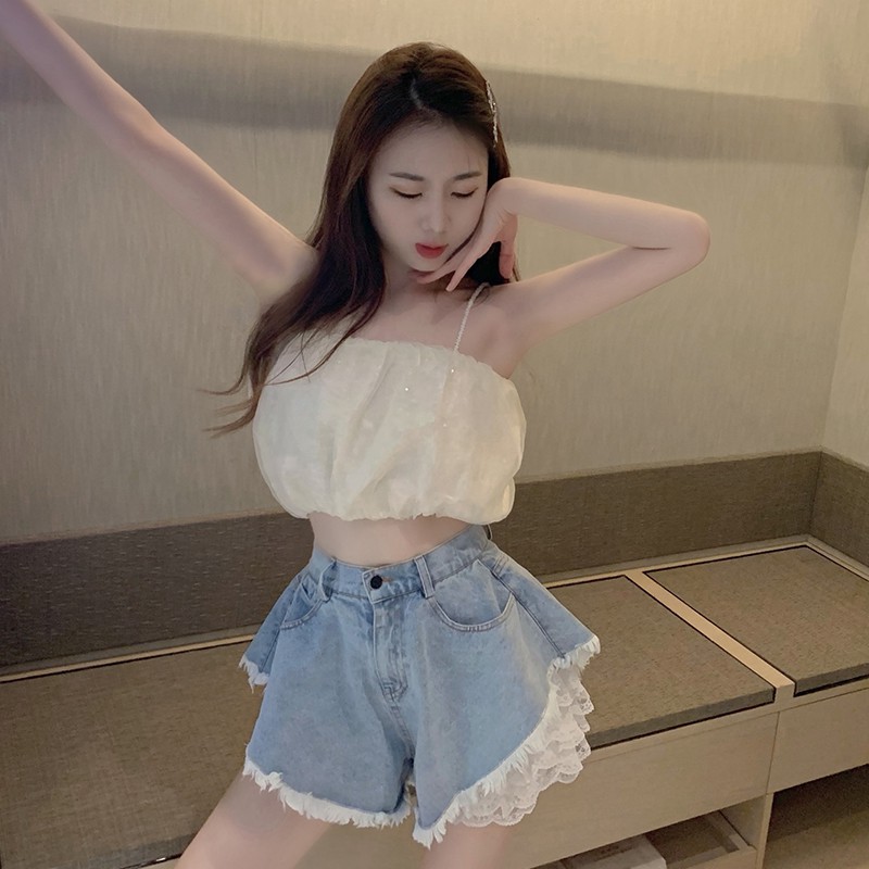 Quần shorts jean phối quần ren trắng bèo kiểu mới mùa hè 2021