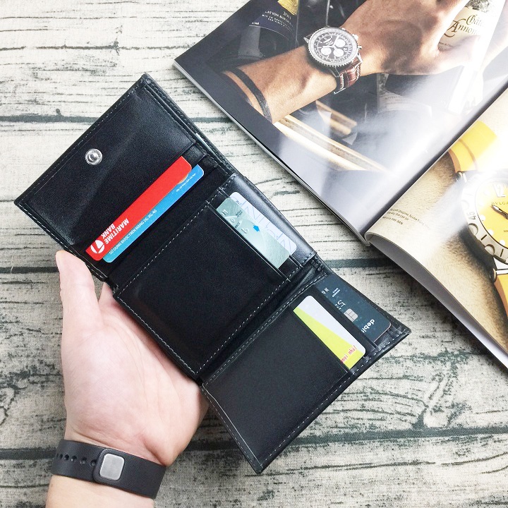 Ví nam gập 3 da bò thật WS102 - 100% da bò thật, BH 3 năm