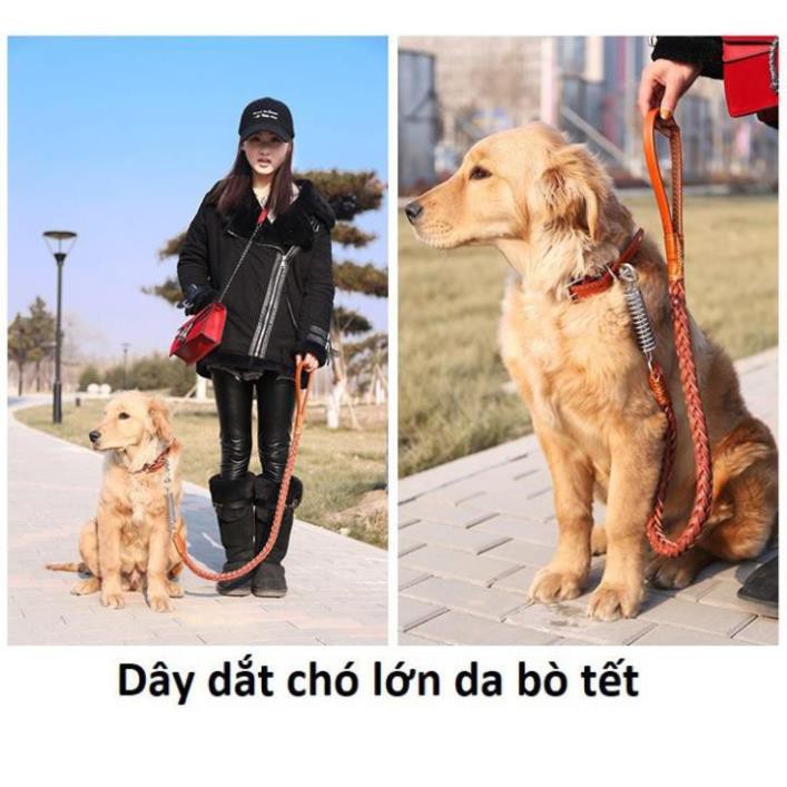 Dây dắt chó lớn  có lò xo trợ lực  dây  da bò tết cho chó trên 20kg