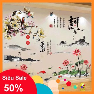 Decal dán tường đào sen thư pháp siêu đẹp cao cấp
